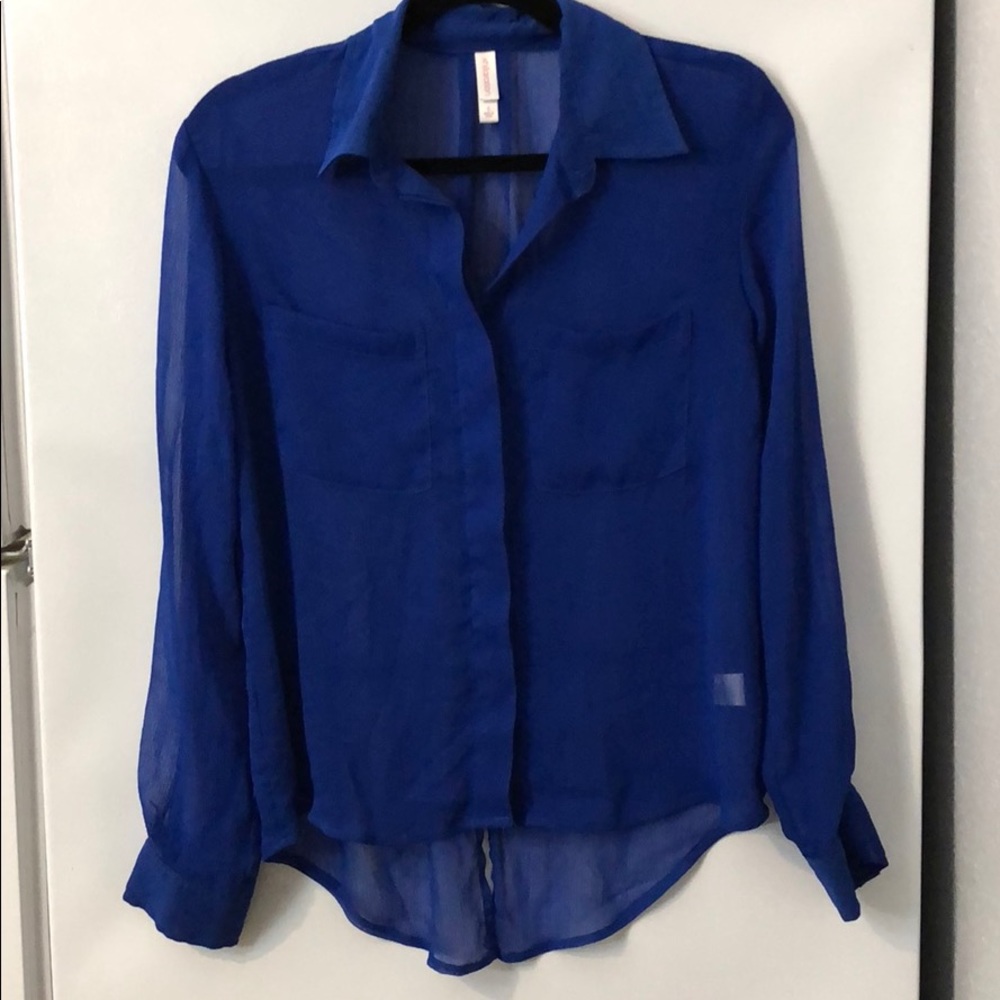 Sheer Blue Button-Up Xhiliration Blouse